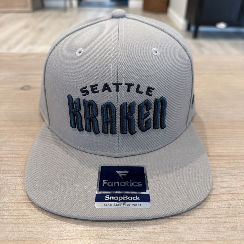 Seattle Kraken NHL Fanatics Pro Wordmark Snapback Hat Cap NWT Gray Flat Bill